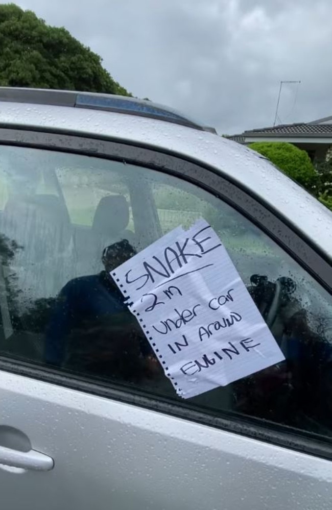 A Queensland woman woke up to find four notes all over her car warning her about a 2m snake underneath her bonnet. Picture: Storyful