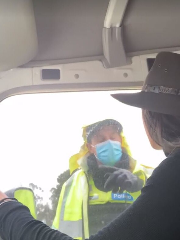 Coronavirus conspiracy theorist Eve Black drives through checkpoint. Picture: Facebook