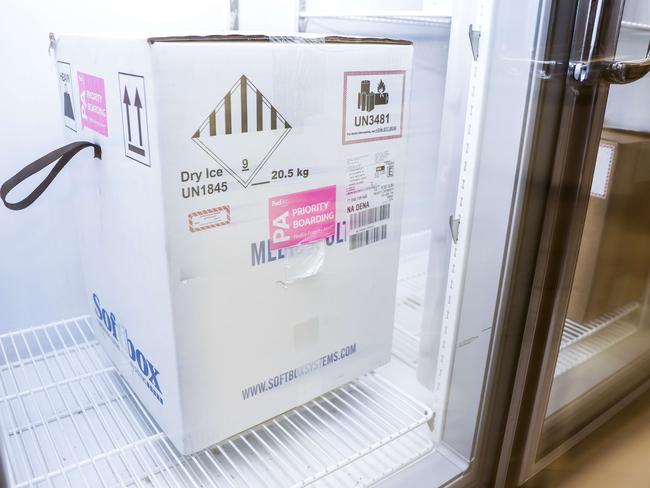 AURORA, CO - DECEMBER 15: A box containing a shipment of the Pfizer-BioNTech COVID-19 vaccine sits in a freezer at the Rocky Mountain Regional VA Medical Center on December 15, 2020 in Aurora, Colorado. The Eastern Colorado VA Health Care System was chosen as one of 37 VA centers around the country to receive the vaccine because of their ability to store the vaccine at extremely cold temperatures and vaccinate a large number of people.   Michael Ciaglo/Getty Images/AFP == FOR NEWSPAPERS, INTERNET, TELCOS & TELEVISION USE ONLY ==