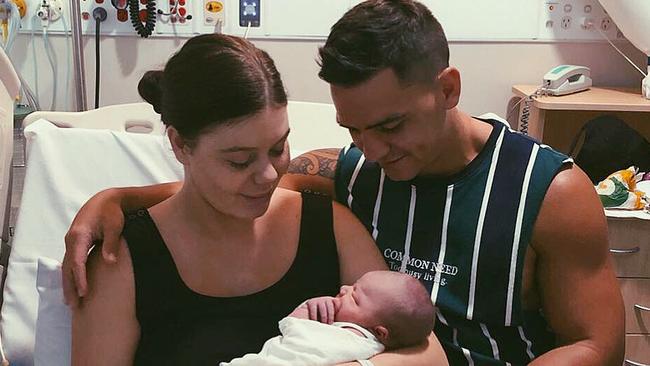 Brisbane Broncos player Kodi Nikorima and girlfriend Bree Tobler welcomed baby Xavier on January 19. Picture: Instagram @breetobler_