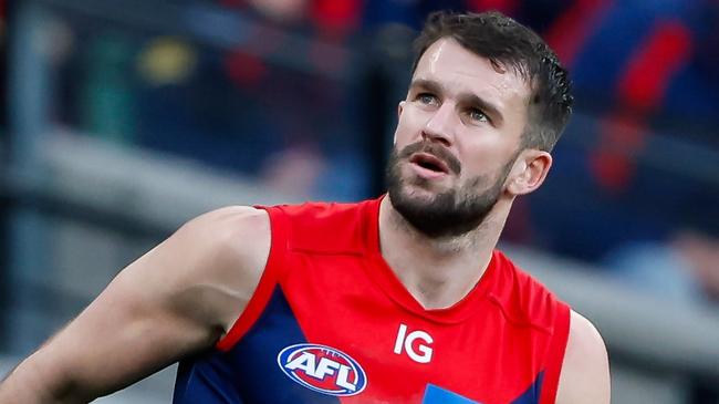 MELBOURNE, AUSTRALIA - AUGUST 20: Joel Smith of the Demons celebrates a goal during the 2023 AFL Round 23 match between the Melbourne Demons and the Hawthorn Hawks at Melbourne Cricket Ground on August 20, 2023 in Melbourne, Australia. (Photo by Dylan Burns/AFL Photos)