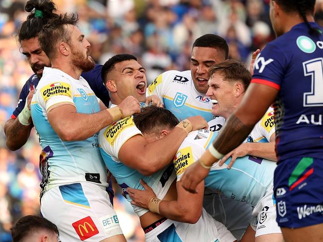 AUCKLAND, NEW ZEALAND - APRIL 25: David Fifita of the Titans celebrates his try during the round eight NRL match between New Zealand Warriors and Gold Coast Titans at Go Media Stadium Mt Smart, on April 25, 2024, in Auckland, New Zealand. (Photo by Phil Walter/Getty Images)