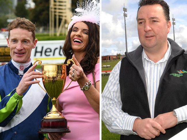 Jockey Mark Zahra and co-trainer Natalie Young (left) celebrate Uncle Bryn's Cranbourne Cup victory in 2022; Cranbourne Turf Club chief executive Neil Bainbridge (right). Pictures: File