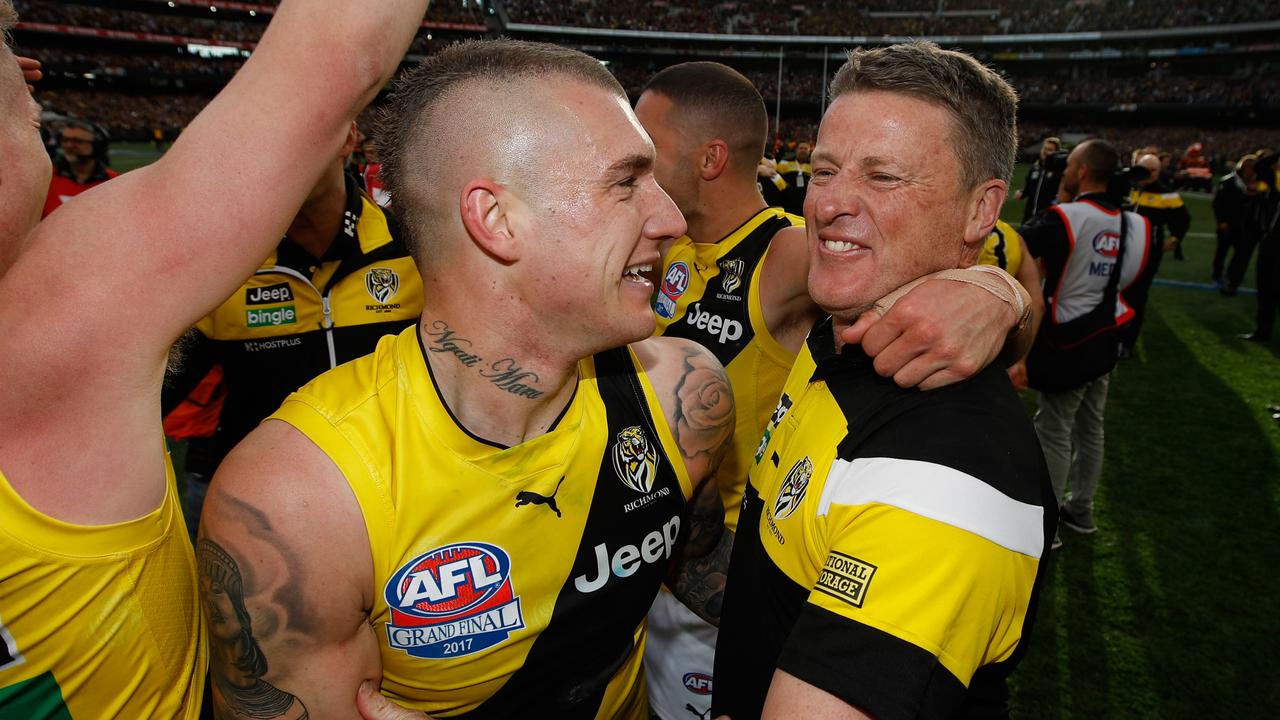 Dustin Martin and Damien Hardwick celebrate the 2017 premiership win. Picture: Michael Willson/AFL Media/Getty Images