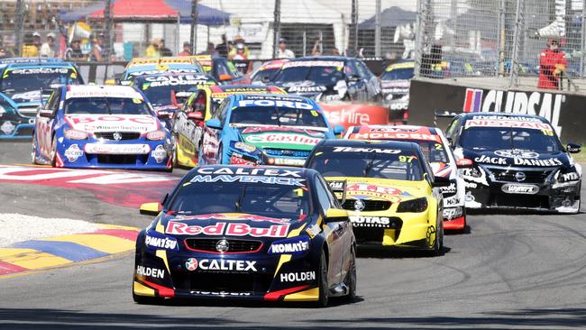 The Adelaide 500 race, with Jamie Whincup leading the field into the chicane. Picture: Sarah Reed