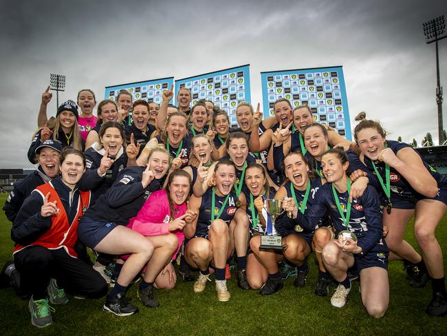 TSLW: TSLW Grand Final 2020, Glenorchy vs. Launceston, UTAS Stadium: Launceston celebrate winning the 2020 TSLW grand final. Picture: LUKE BOWDEN