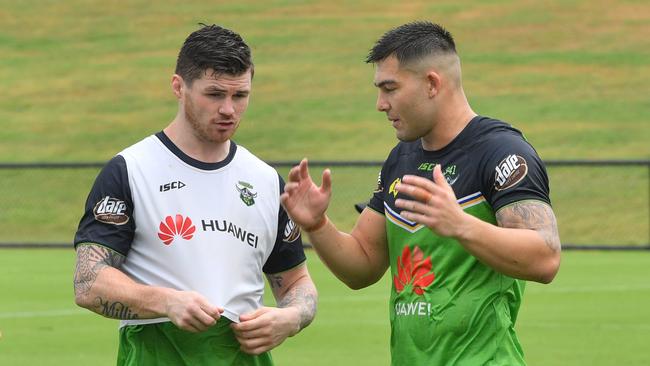 Raider Nick Cotric (R), talking with John Bateman, is now the focus of interest from the Bulldogs. Picture: John McCutcheon / Sunshine Coast Daily