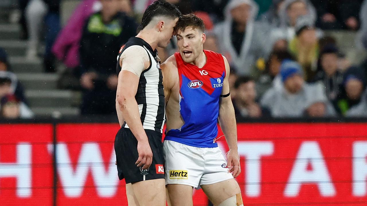 Brayden Maynard and Jack Viney exchanged words after the bump. Picture: Getty Images