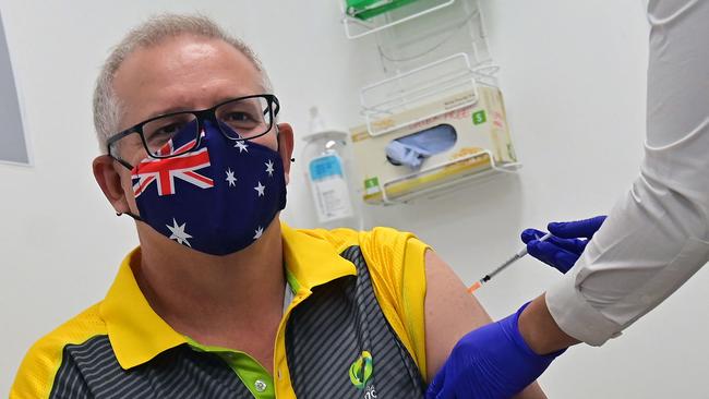 Prime Minister Scott Morrison receives a dose of the Pfizer vaccine in February. Picture: AFP