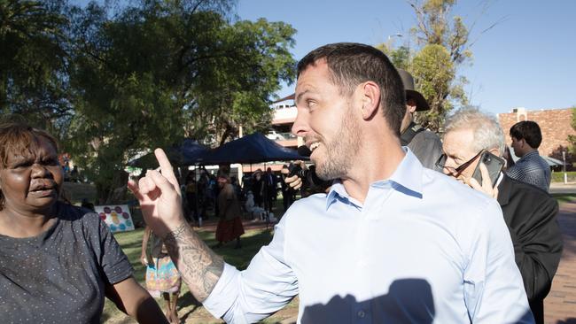 Explosive scenes outside court as a woman believed to be from Yuendumu confronts former NT police officer Zachary Rolfe after day one of him giving evidence at the inquest into the death of Kumanjayi Walker. Picture: Liam Mendes / The Australian