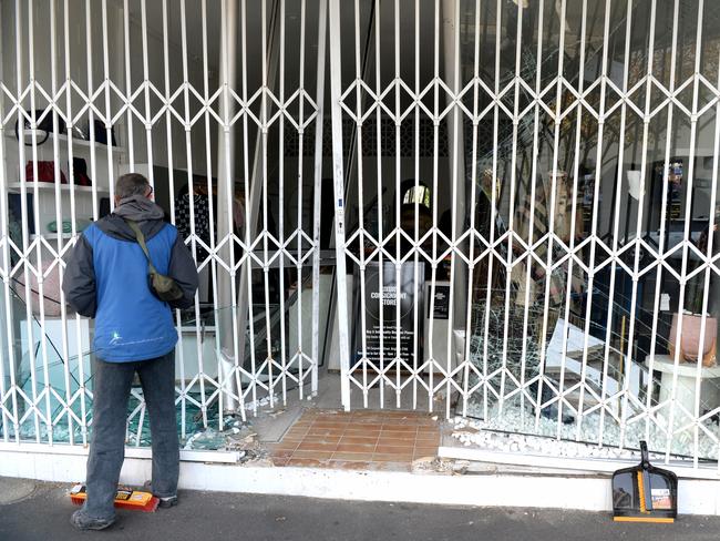 The damaged Luxury Consignment Store on Carpenter Street Brighton after it was ram raided early Monday morning. Picture: Andrew Henshaw