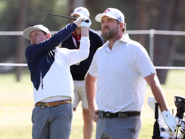 ADELAIDE, AUSTRALIA - APRIL 19: Marc Leishman watches Cameron Smith during a practice round ahead of LIV Golf Adelaide at The Grange Golf Club on April 19, 2023 in Adelaide, Australia. (Photo by Sarah Reed/Getty Images)