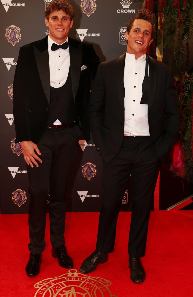 Curnow boys! One of five children, Charlie is close with his family, including his older brother Ed – pictured together at the Brownlow in 2023. Picture: Michael Klein