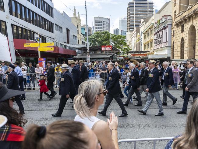 Army Transportation Association make their way through the city for the ANZAC Day parade. Picture: NCA NewsWire/Matthew Poon
