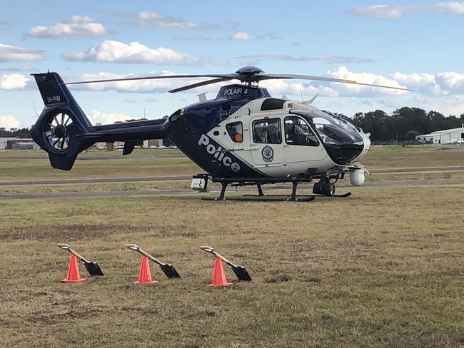 One of the Polair helicopters at Bankstown Airport. Picture: Lawrence Machado