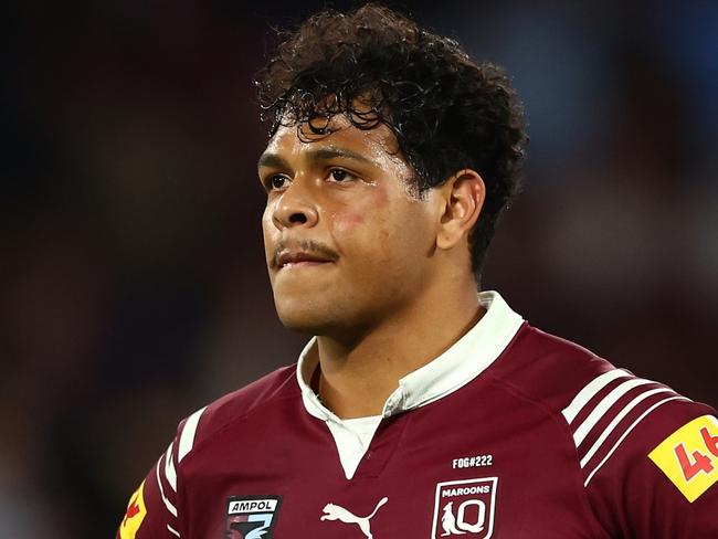 BRISBANE, AUSTRALIA - JULY 17:  Selwyn Cobbo of the Maroons reacts after losing game three of the 2024 Men's State of Origin series between Queensland Maroons and New South Wales Blues at Suncorp Stadium on July 17, 2024 in Brisbane, Australia. (Photo by Chris Hyde/Getty Images)