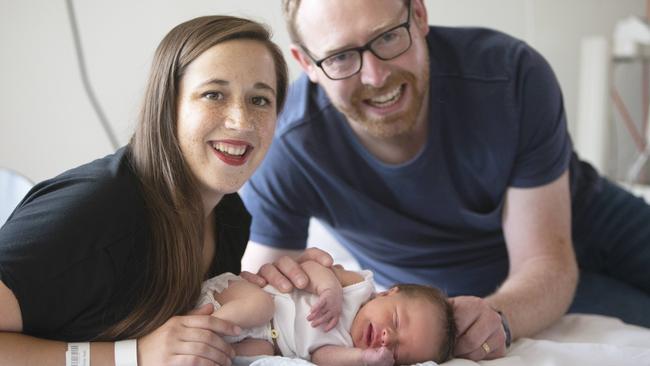 Little Edward “Eddie” Wadmore Linn with proud parents Erin and Matt. Picture: Emma Brasier