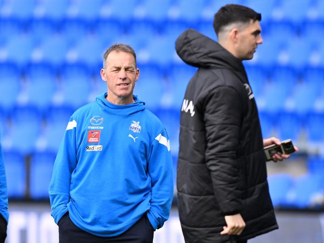 HOBART, AUSTRALIA - AUGUST 06: Alastair Clarkson, Senior Coach of the Kangaroos looks on during the round 21 AFL match between North Melbourne Kangaroos and Melbourne Demons at Blundstone Arena, on August 06, 2023, in Hobart, Australia. (Photo by Steve Bell/Getty Images)