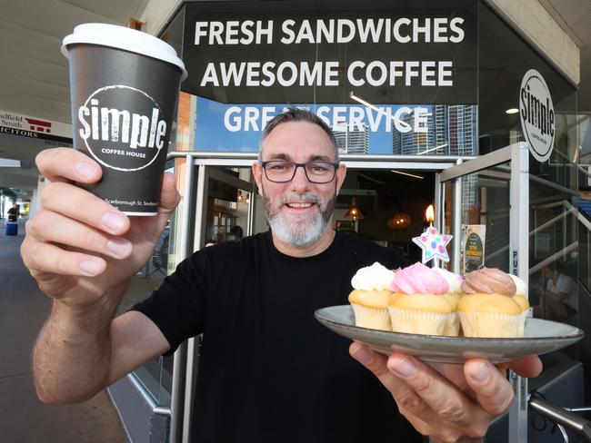 Owner Simon Shanahan from Simple Coffee House in Southport is celebrating 10 years of business Tuesday with free coffees and cupcakes. Picture Glenn Hampson