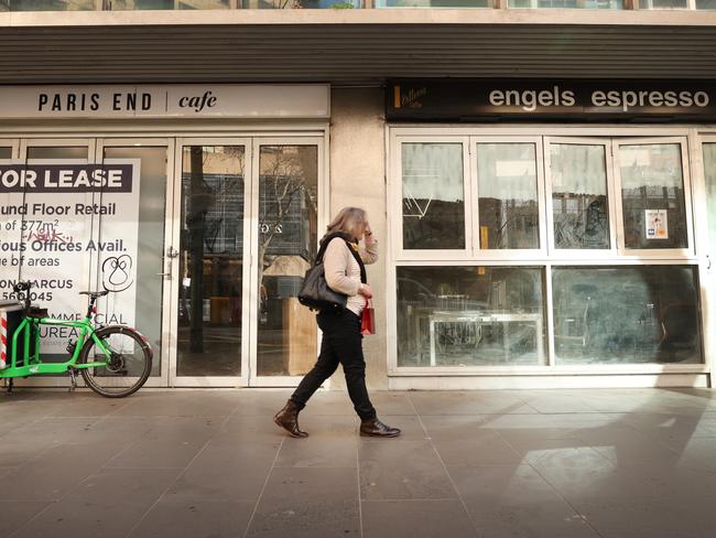 Melbourne CBD business owners struggling with office workers not returning after COVID lockdowns. Shutdown cafes on the top end of Collins Street near Parliament House.  Picture: David Caird