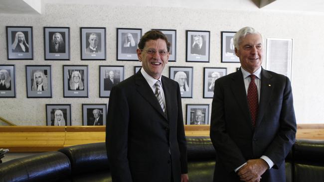 Outgoing Chief Justice Robert French, with his predecessor Murray Gleeson, after being sworn in at the High Court in Canberra.