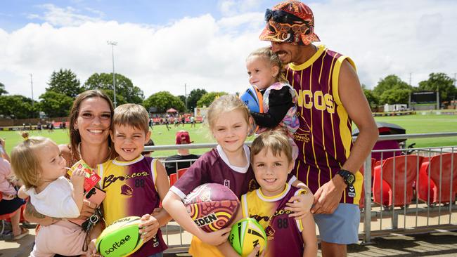 At the Brisbane Broncos Captain's Run and Toowoomba Fan Day are (from left) Abbie Pullen holding Valerie Talbott, Braxton Pullen, Savannah Talbott, Dexter Talbott and (back) Joshua Talbott holding Octavia Talbott at Toowoomba Sports Ground, Saturday, February 15, 2025. Picture: Kevin Farmer