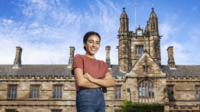 Caitlin Abood was one of the highest achieving students in last year's HSC, receiving near-perfect scores in all her subjects, including the male-dominated economics, physics and advanced maths. She is now studying science and engineering at Sydney University. Picture: Hollie Adams