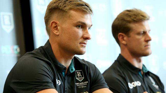 Ollie Wines and Tom Jonas at Port Adelaide’s captaincy announcement last week. Picture: AAP/Kelly Barnes