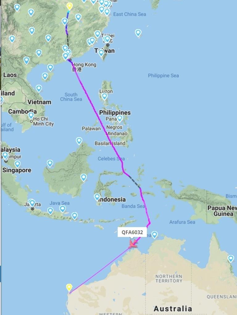 The flight path that was taken instead by QF6032 from Wuhan.