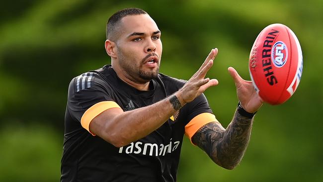 MELBOURNE, AUSTRALIA - DECEMBER 07: Jarman Impey of the Hawks marks during a Hawthorn Hawks AFL pre-season training session at Waverley Park on December 07, 2020 in Melbourne, Australia. (Photo by Quinn Rooney/Getty Images)