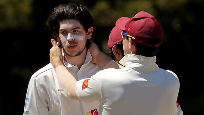 Matthew Wright of Gordon celebrates a wicket during round 4 of the NSW Premier Grade cricket match between UTS North Sydney Bears and Gordon at Chatswood Oval on October 29, 2022 in Chatswood. (Photo by Jeremy Ng/Newscorp Australia)