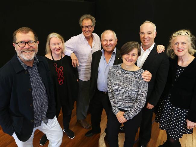 Neil Balnaves (centre) is a life member of the Belvoir Theatre along with (L-R) Neil Armfield, Rachel Healy, Geoffrey Rush, Louise Herron, Andrew Cameron and Sue Hill.