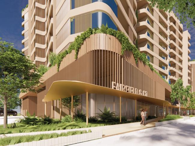 Fairfield & Co build to rent project in Idalia. View of pedestrian approach to residential and retail frontage. Picture: Geon.
