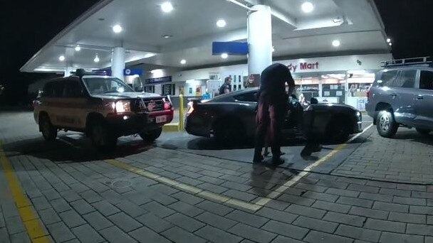 The 2021 Ford Mustang boxed in by the Tactical Crime Squad at the Mobil servo on Cairns Western Arterial Rd. Picture: Queensland Police