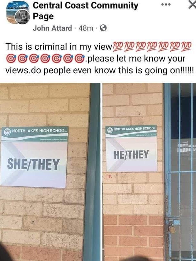 A Central Coast high school added gender inclusive signs “He/Them” and “She/They” to one toilet recently, prompting parental complaints on a community Facebook page.