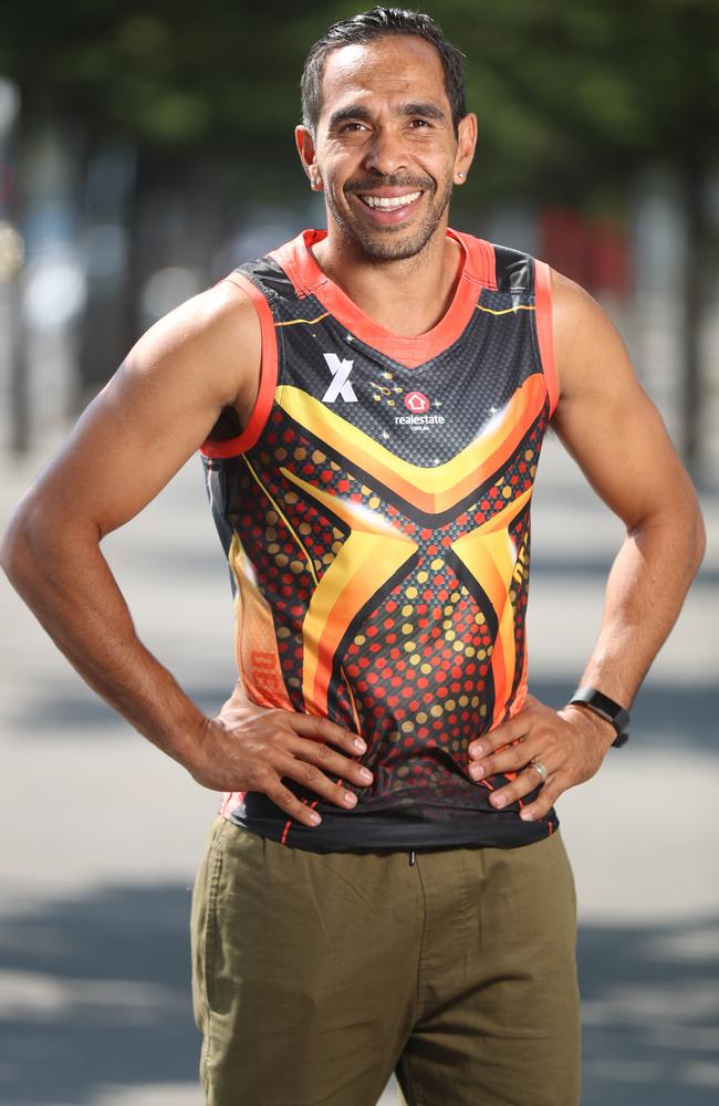 Captain of Deadly, Eddie Betts, shows off the team’s stunning jumper, designed by teammate and fellow indigenous star Neville Jetta. Picture: Alex Coppel