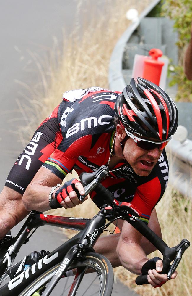 Cadel Evans charges down the Corkscrew earlier this year. Picture: Sarah Reed