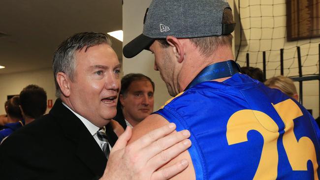 Eddie McGuire congratulates West Coast's Shannon Hurn after the match. Picture: Mark Stewart