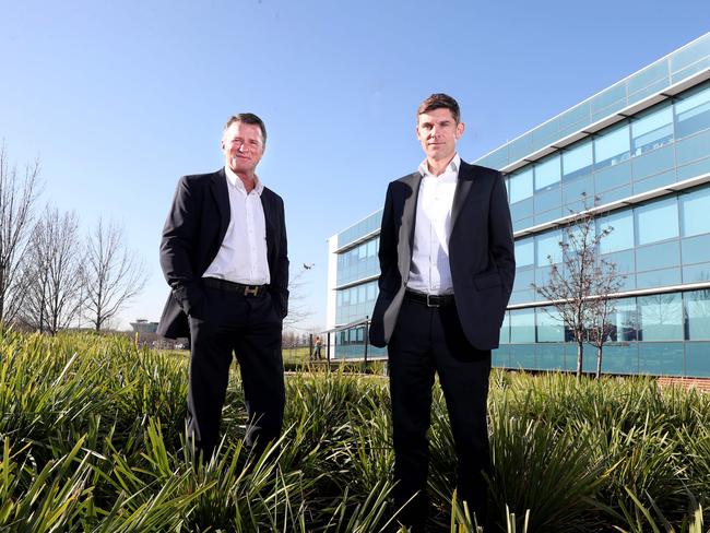 29/07/2019  Andrew Fox and Essendon Fields CEO Brendan Pihan at the site a new office building project at Essendon Fields. Picture: David Geraghty / The Australian.