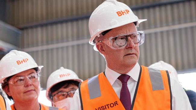 Anthony Albanese and Resources Minister Madeleine King visit BHP’s Nickel West Kwinana Nickel Refinery in WA in 2022. Picture: AFP