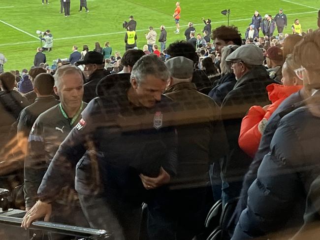 NSW coach Brad Fittler has a secret weapon in the coach’s box tonight - Penrith premiership winning coach Ivan Cleary. , The Penrith mentor was spotted joining Fittler and other coaching staff into the coach’s box right before kick off. , Cleary was decked out in official Blues merchandise.  Picture FATIMA KDOUH,