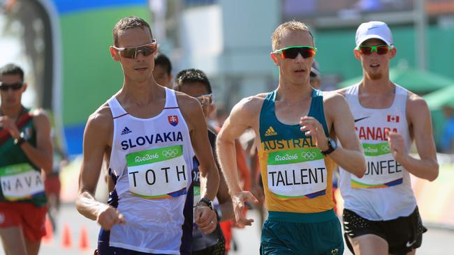 Australia’s Jared Tallent and Slovakia’s Matej Toth competing in the 50km walk at the Rio Olympics. Picture: Alex Coppel.