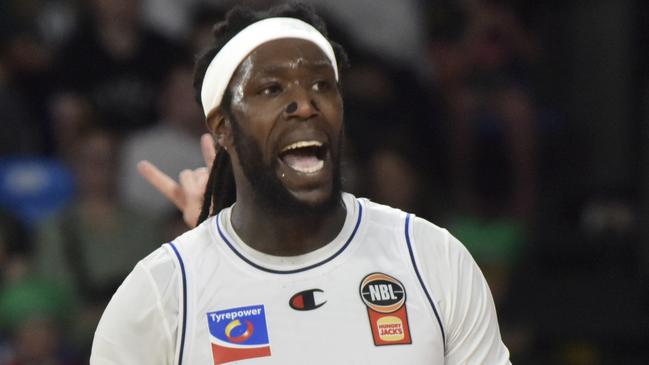 HOBART, AUSTRALIA - JANUARY 10: Montrezl Harrell of the 36ers reacts to a foul call during the round 16 NBL match between Tasmania Jackjumpers and Adelaide 36ers at MyState Bank Arena, on January 10, 2025, in Hobart, Australia. (Photo by Simon Sturzaker/Getty Images)