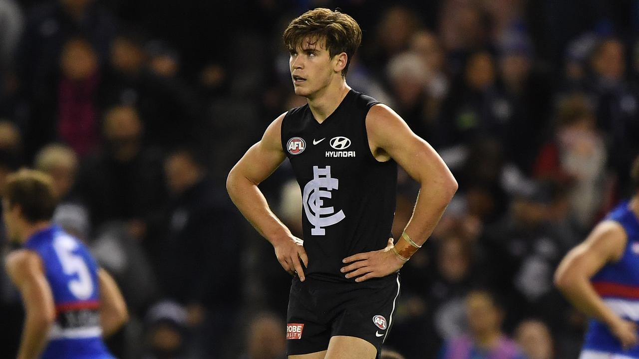 Paddy Dow of the Blues reacts after the Round 13 AFL match between the Carlton Blues and the Western Bulldogs at Marvel Stadium in Melbourne, Saturday, June 15, 2019. (AAP Image/Julian Smith) NO ARCHIVING, EDITORIAL USE ONLY