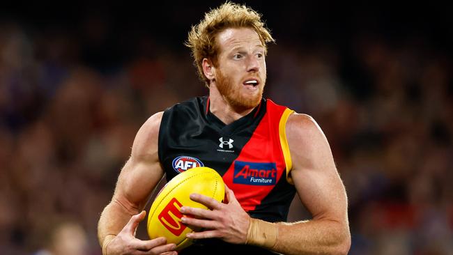 MELBOURNE, AUSTRALIA - JULY 21: Andrew Phillips of the Bombers marks the ball during the 2023 AFL Round 19 match between the Essendon Bombers and the Western Bulldogs at Marvel Stadium on July 21, 2023 in Melbourne, Australia. (Photo by Dylan Burns/AFL Photos via Getty Images)