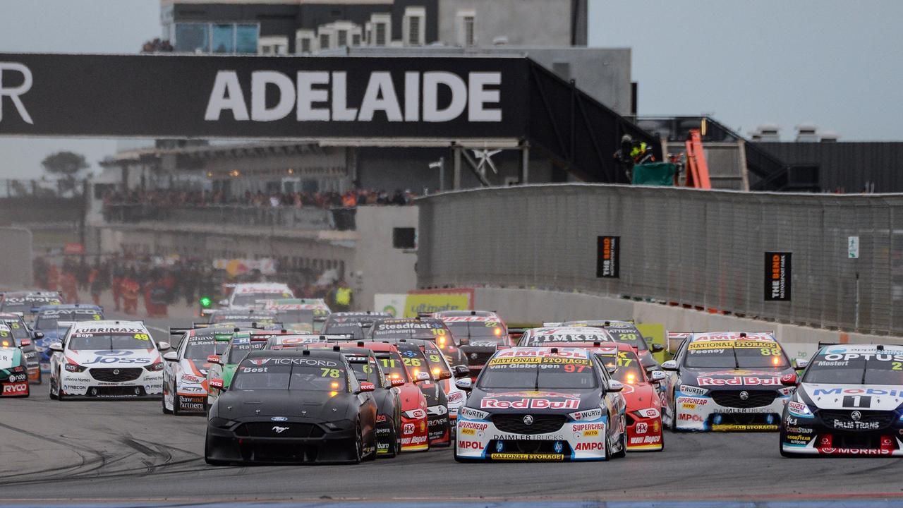 Best leads some of the biggest names in Australian motorsport through the first turn of race one of the OTR Supersprint at The Bend. Picture: Brenton Edwards