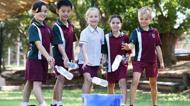 Aspley State School students in 2018: Mia Long, Adam Liu, Bronte Bowers, Xiana Ludwig and Krisztian Gyurcsik. Picture: AAP/Claudia Baxter