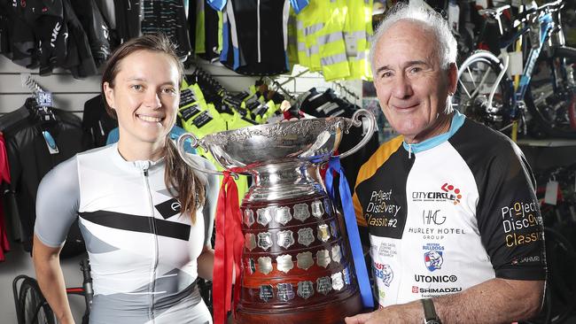 16/10/18 - CYCLING - The 100th edition of the Port Noarlunga bike race. According to the UCI its the longest consecutive running event in cycling. Race organiser Barry Skinner with Alan Gill and Jo Easson with cycling legend Charlie Walsh. Picture Sarah Reed