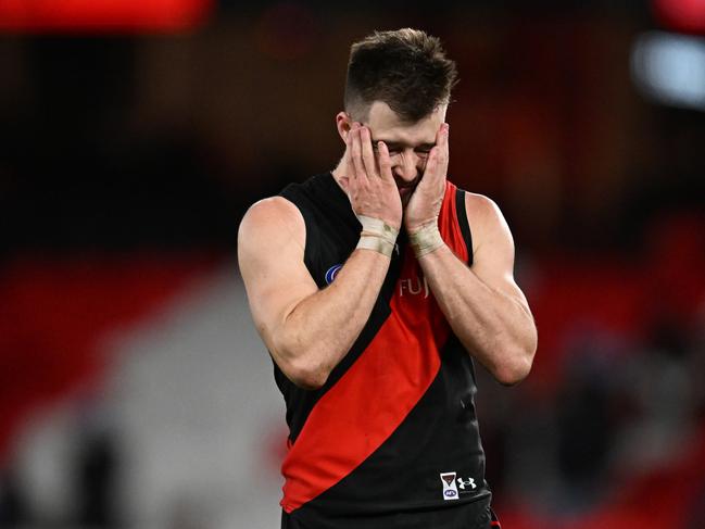 A dejected Zach Merrett after the Bombers coughed up a two-goal lead in the final three minutes. Picture: Getty Images