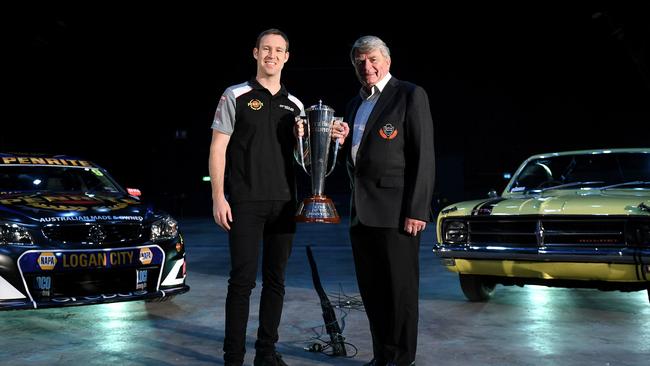 Defending Bathurst 1000 champion David Reynolds and 1969 winner Colin Bond at Thursday’s launch of the 2018 Bathurst 1000.